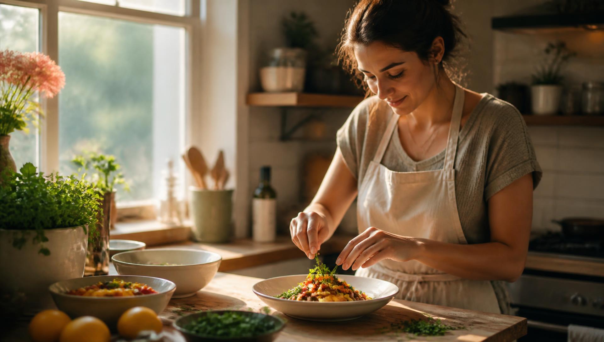 A home cook plating a fresh meal in a sunlit home kitchen
