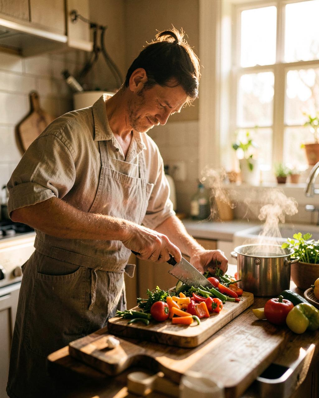 A local cook preparing fresh food in a sunlit home kitchen